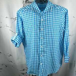 Robert Graham Checkered Button Up Shirt Ribbon on Cuffs Long Tab Sleeves